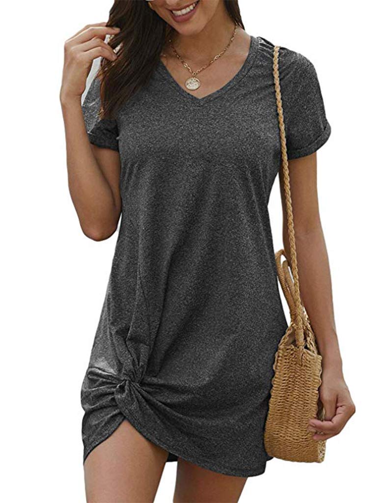 Locryz Tie Knot Dresses for Women Summer Solid Loose Mini Dress XL Dark Grey - Image 3